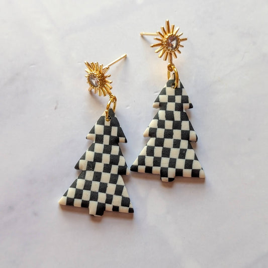 Winter checkerboard tree earrings jewelry cute