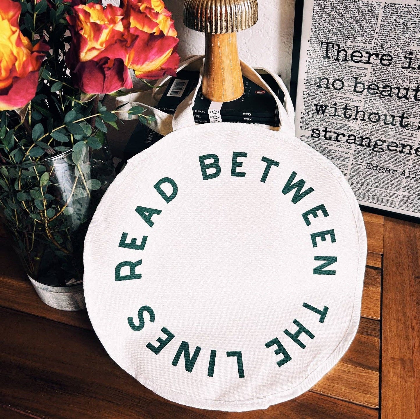 Read Between the Lines Circle Tote, Totes, Canvas, Book bag