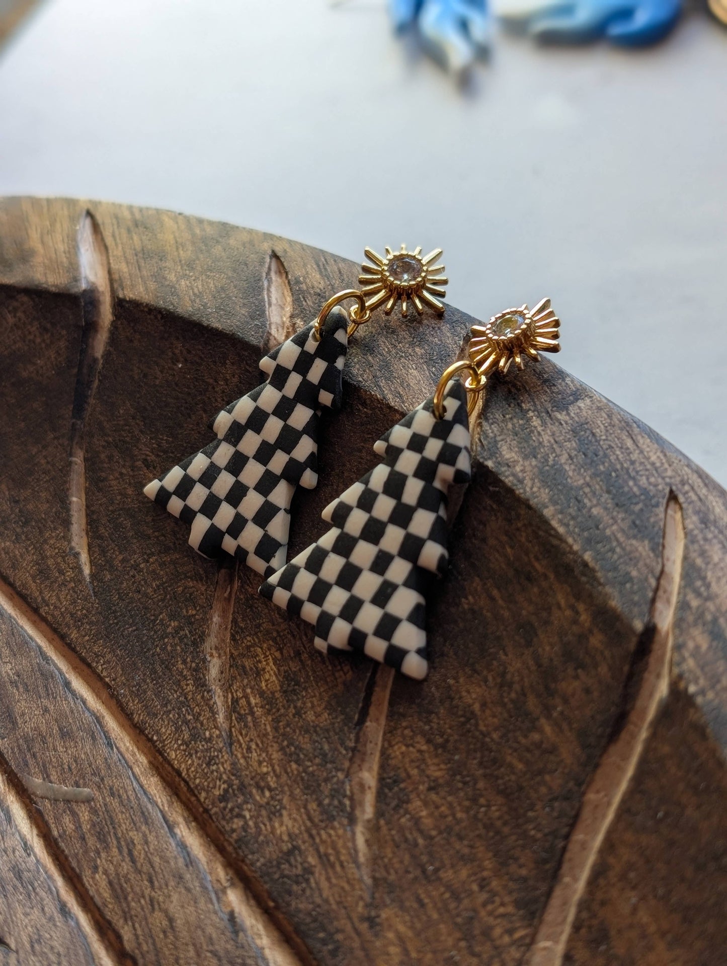 Winter checkerboard tree earrings jewelry cute